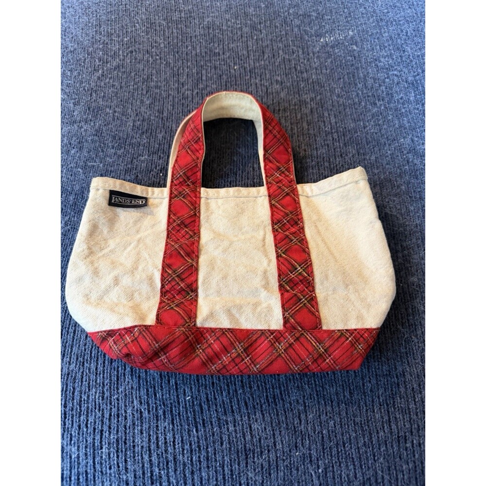 Lands' End Mini Canvas Tote Red Plaid Trim 11” X 7”